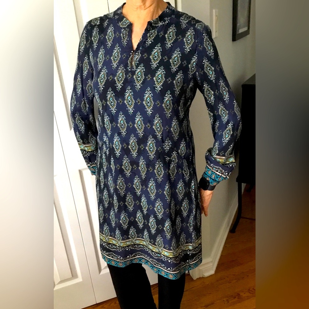 RIANI dress. Blue print.with turquoise and green, white